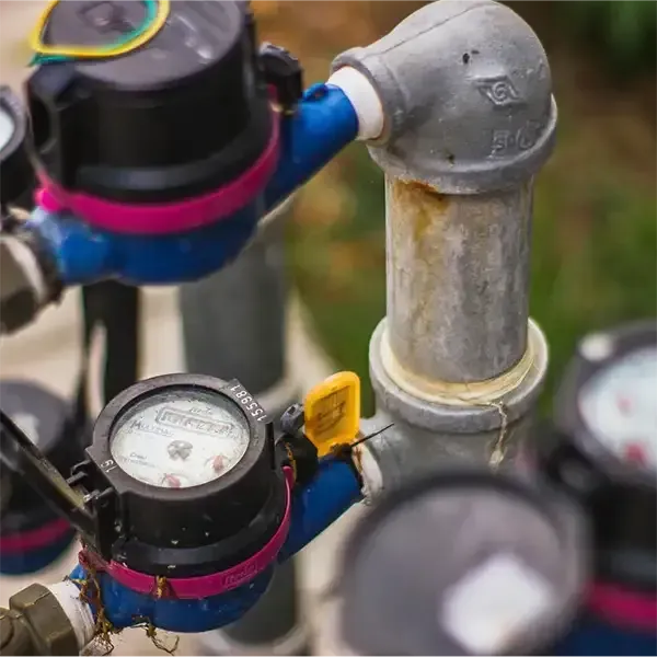 Water meters and blue pipes with valves in an outdoor utility setup