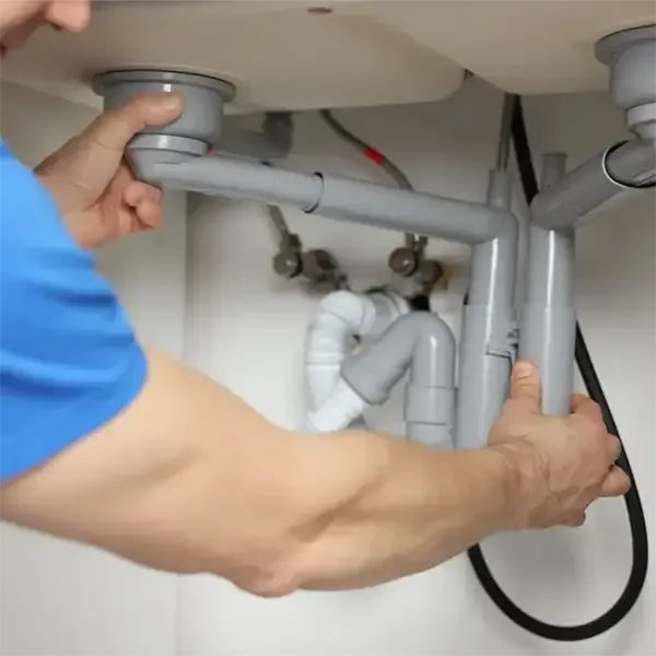 Hands using pliers to fix a chrome pipe on a workbench with scattered tools and fittings