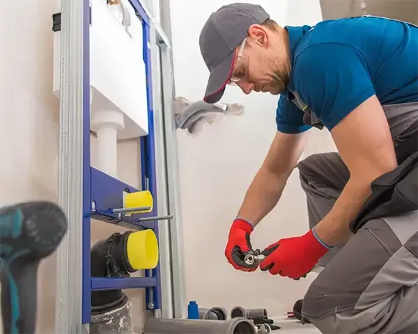 Plumber in red gloves repairing a pipe under a sink in a bathroom or utility room