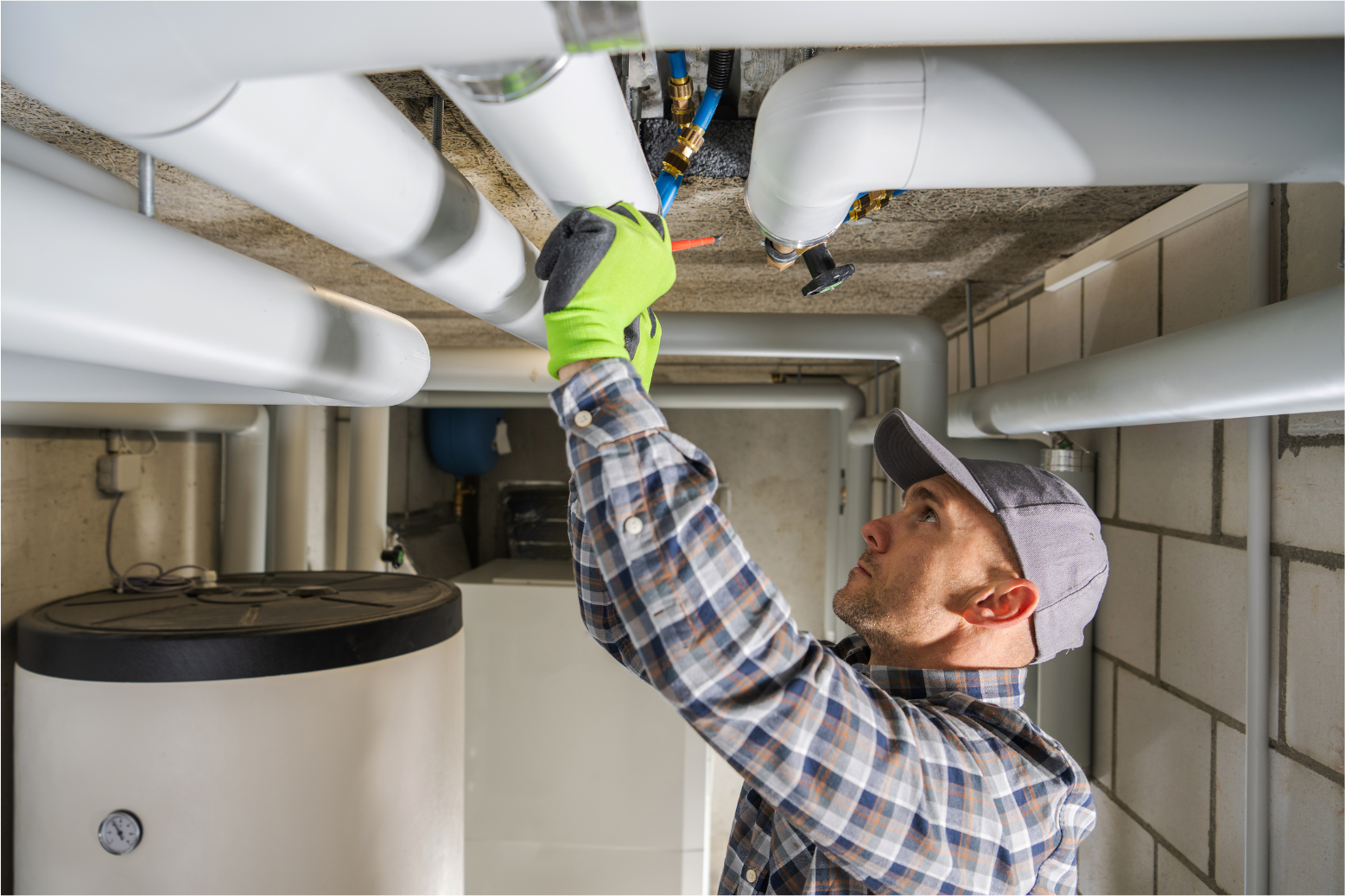 Technician in hard hat and gloves inspecting ceiling pipes in a basement utility room