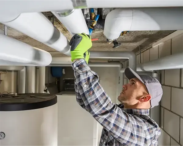 Technician in hard hat and gloves inspecting ceiling pipes in a basement utility room