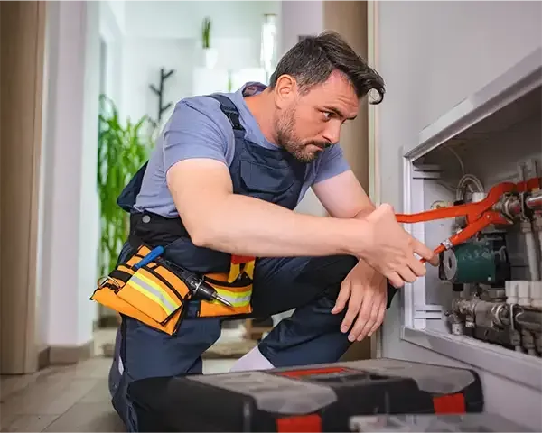 Electrician kneeling by an open breaker panel, tightening wiring in a hallway