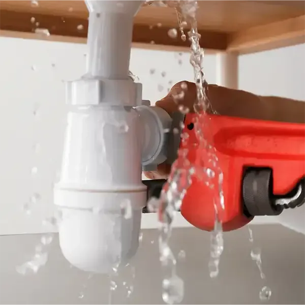 Water leaking from a sink drain pipe under a counter, with a hand holding a red pipe wrench nearby