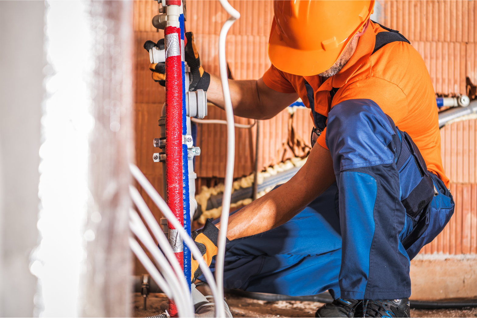 Worker in orange hard hat and blue coveralls inspecting pipes in a utility area