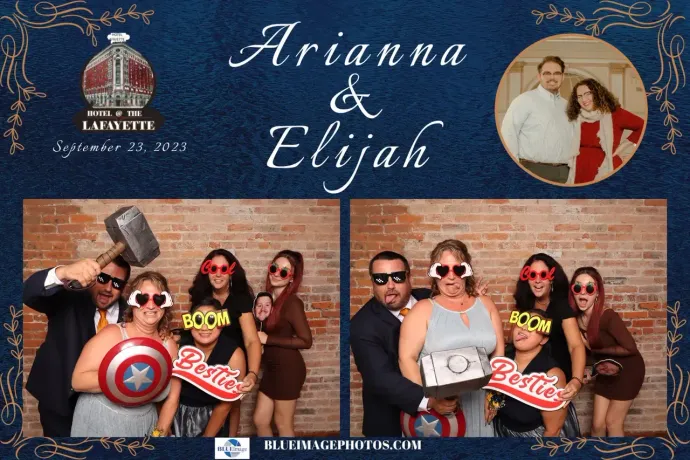 Photo strip of Arianna and Elijah's wedding, featuring guests posing with superhero props against a brick wall.