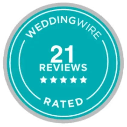 WeddingWire circular badge with 21 reviews and five stars, indicating a top-rated status on a teal background.