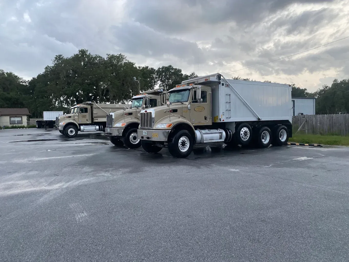 Two beige dump trucks parked on a wet lot under a cloudy sky