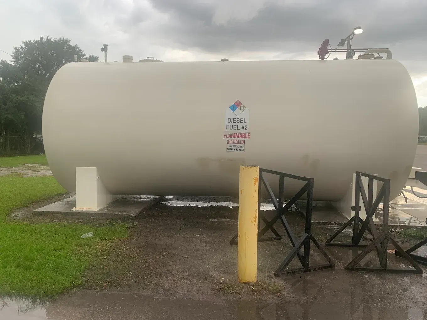 Large white storage tank outdoors on a gravel lot beside grass, under a cloudy sky.