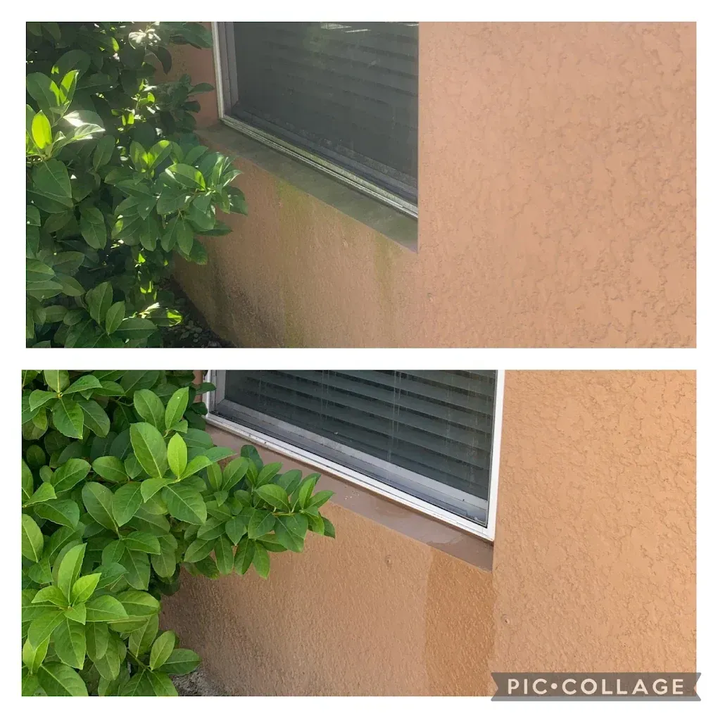 Exterior wall with peach stucco, a window, and green shrubbery in front; two side-by-side views.