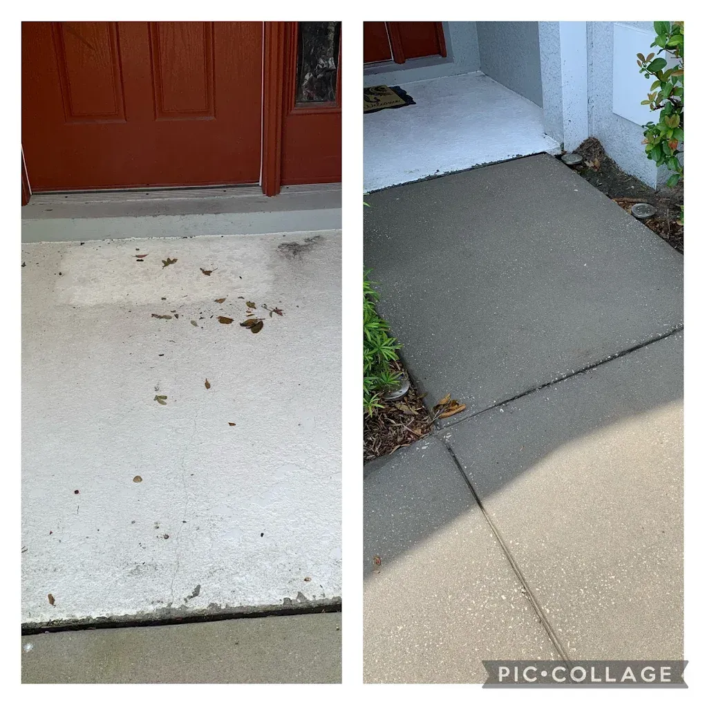 Before-and-after view of a front porch concrete slab, showing dirty white concrete and a cleaned gray surface.