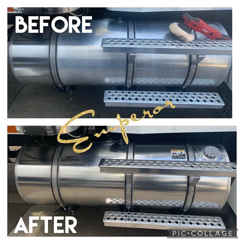 Before-and-after of a silver truck side-step/rock slider with added storage trays and tools attached.