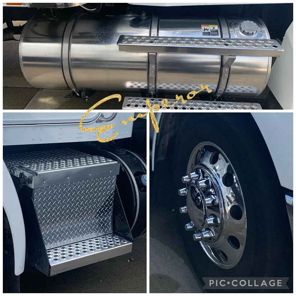 Chrome cylindrical trailer fuel tank with diamond-plate steps and a polished wheel hub
