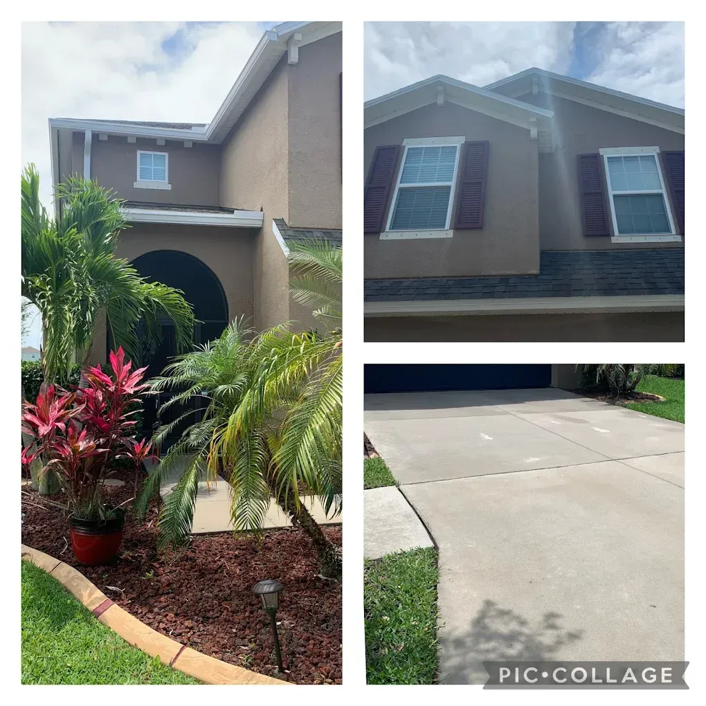 Two-story beige house with white-trim windows, arched entry, tropical landscaping, and a concrete driveway.