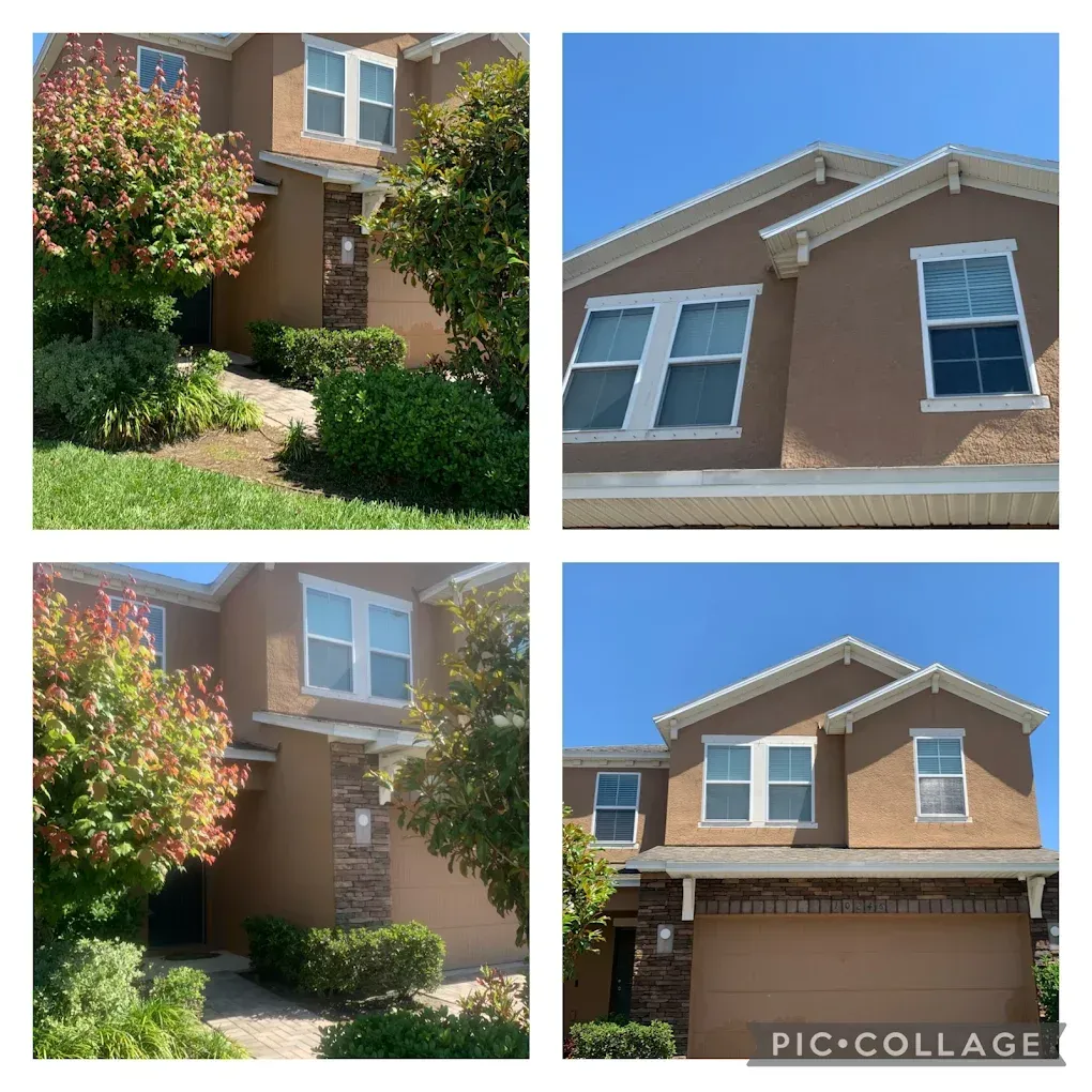Collage of a two-story tan house exterior with a garage, front entry, and flowering shrubs under blue sky