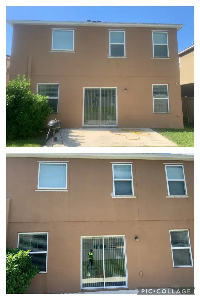 Two stacked photos of a tan two-story house exterior with white-framed windows and a sliding glass door.