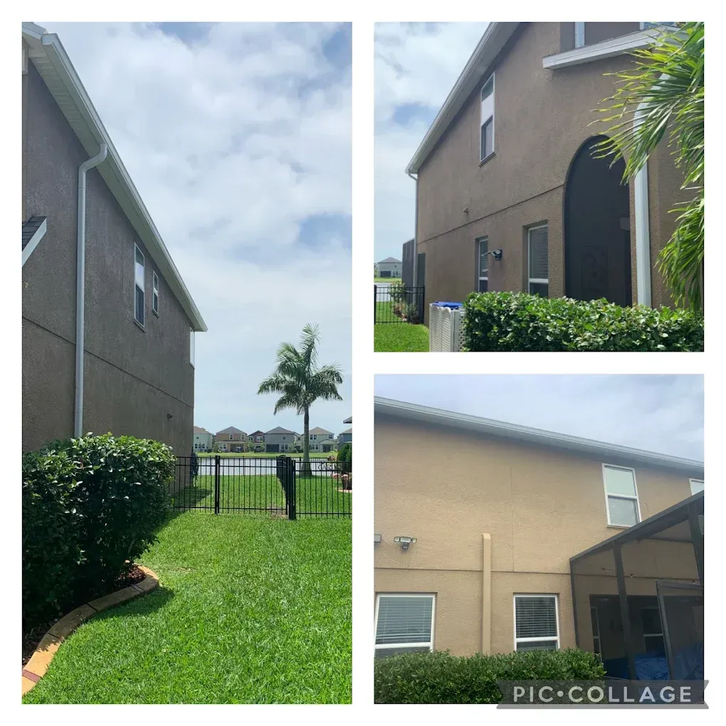 Three views of a beige two-story house with a green lawn, hedge, and palm trees under a cloudy sky.