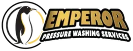 Emperor Pressure Washing Services logo with black-and-yellow penguin icon and bold text