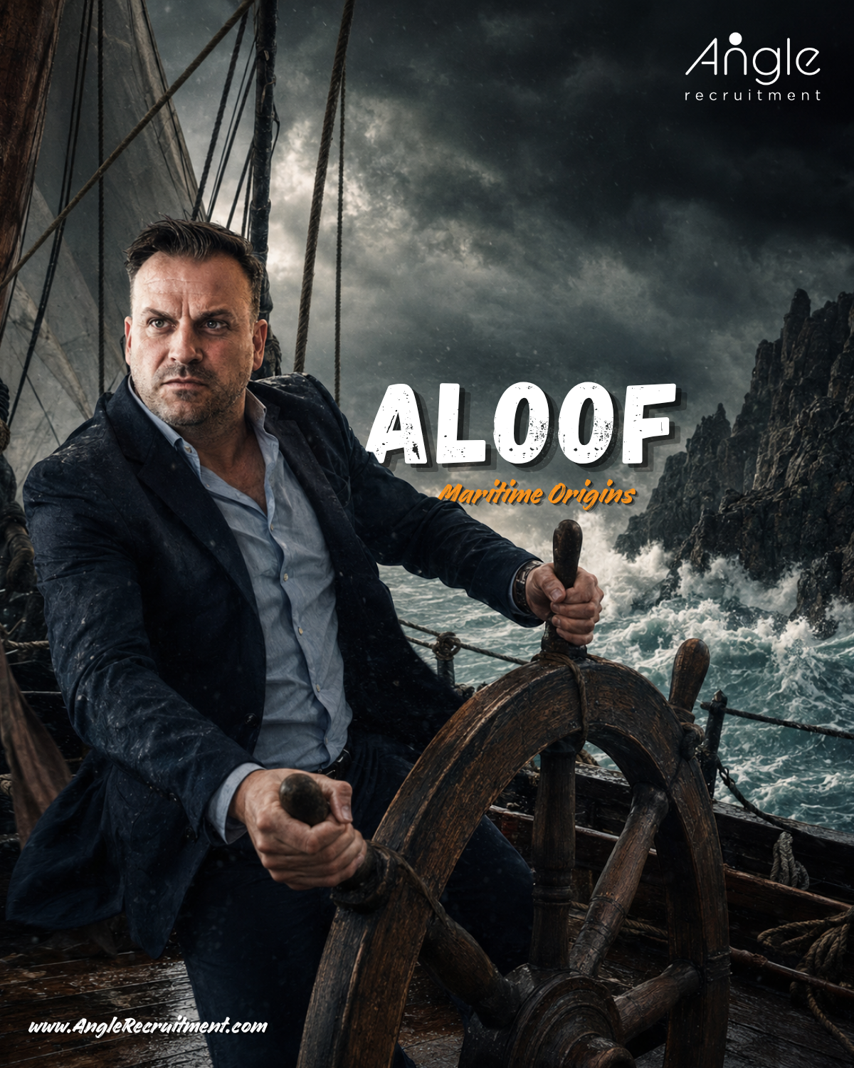 Jason at a ship's wheel in a storm, cliffs close aboard, under the title Aloof, Maritime Origins