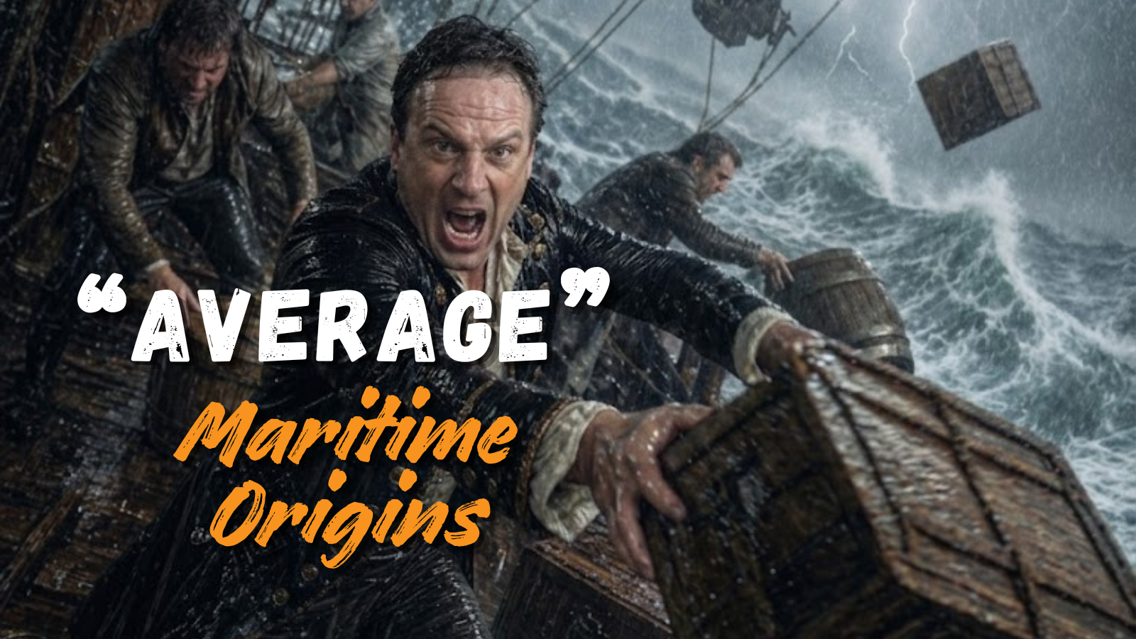 Jason Nangle on the deck of an 18th century sailing ship in a violent storm, drenched and shouting, hurling a wooden crate over the rail. Crew throw barrels and sacks overboard as lightning splits the sky. Text overlay: 'Average' Maritime Origins. Angle Recruitment.