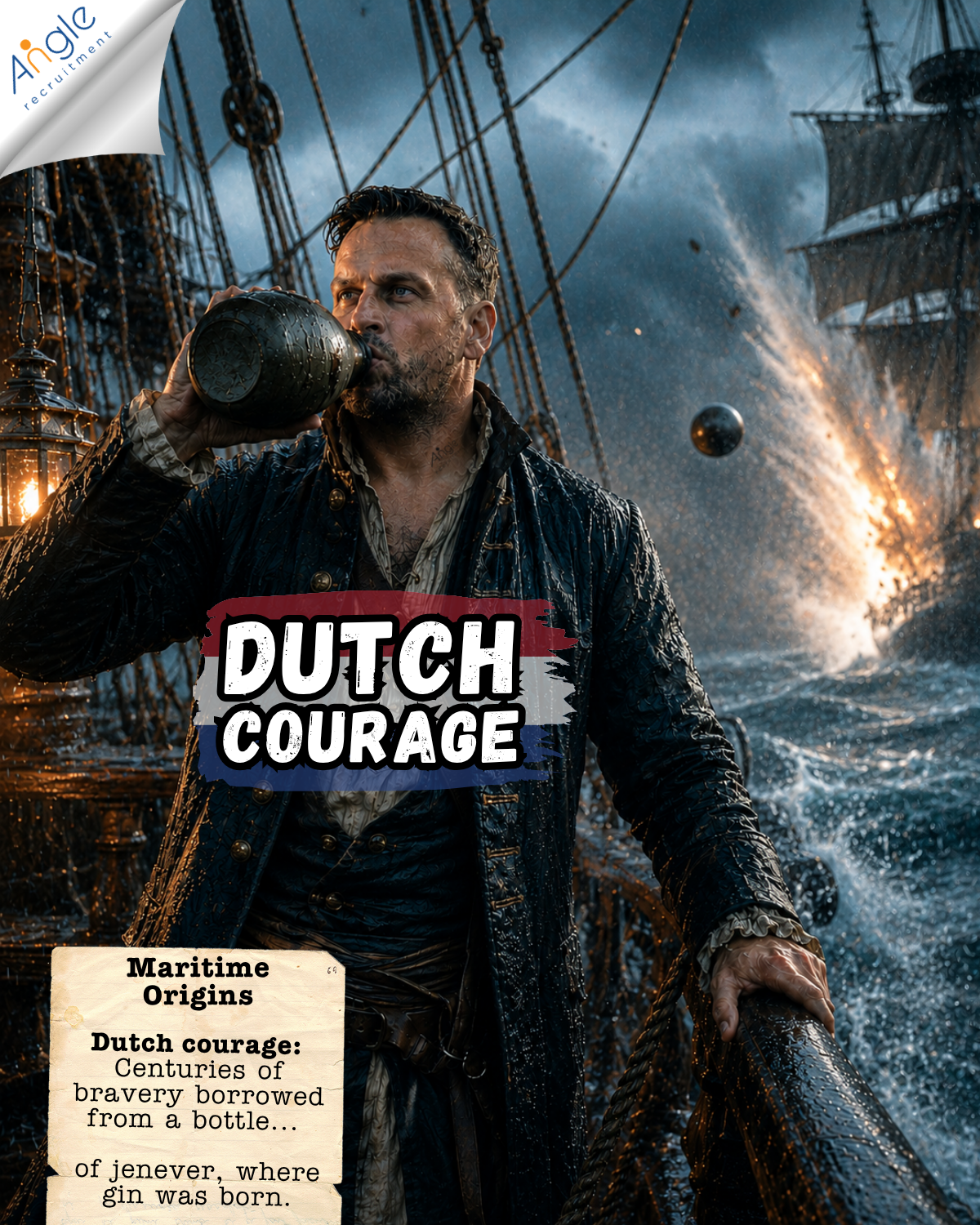 First person view of a gloved sailor tipping back a bottle labelled JENEVER struck through and GIN, a dagger in his other hand, on the deck of a warship mid sea battle with English and Dutch ships and gunsmoke behind. Title reads Dutch Courage, Maritime Origins. Angle Recruitment branding.