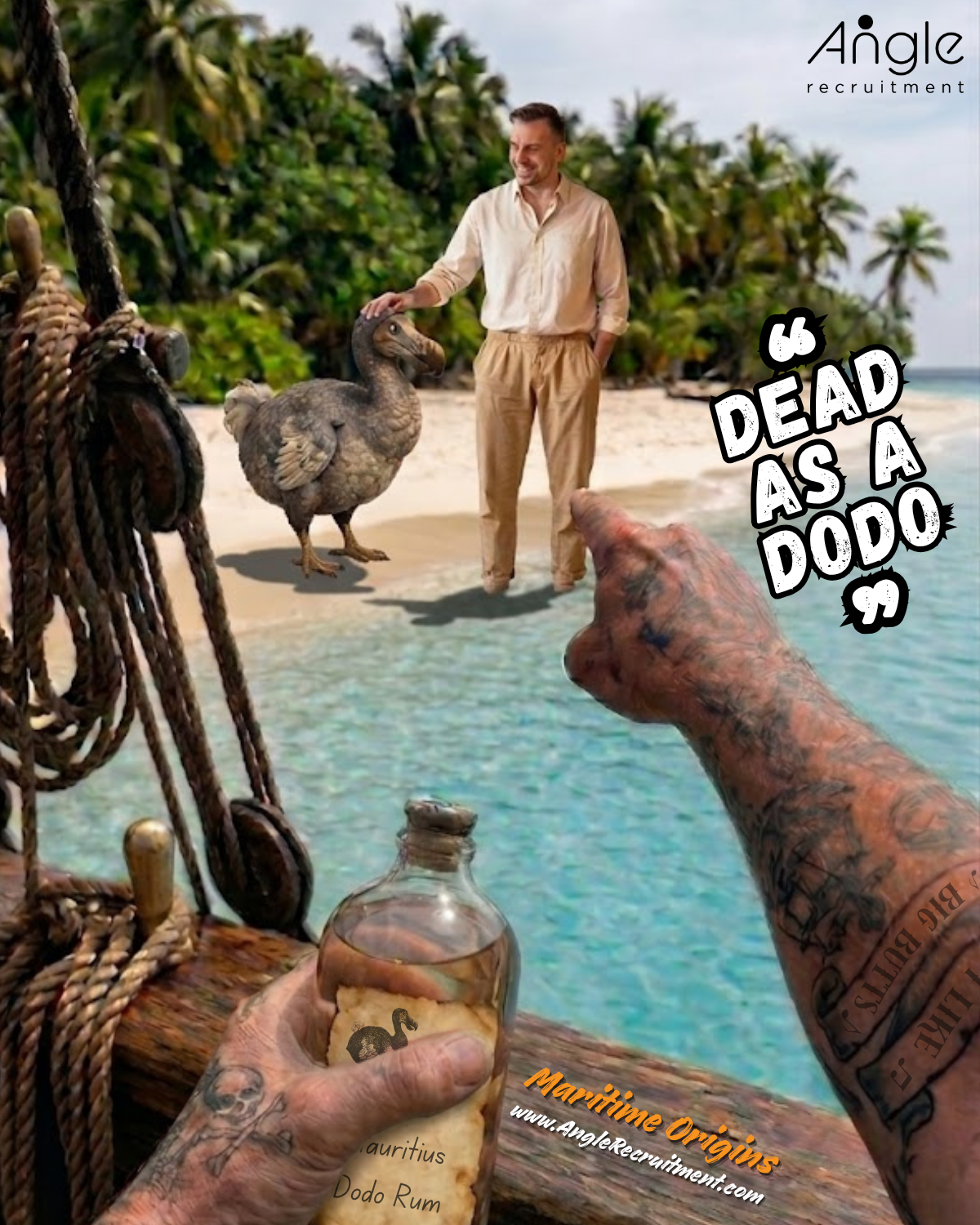 A warm, sunlit, cinematic first person view from the deck of an old sailing ship moored off a tropical Mauritius shore, where the viewer is a weathered sailor with one heavily tattooed arm pointing toward the beach and the other hand holding a bottle of Mauritius Dodo Rum. On the pale sand stands a plump, unbothered dodo, while a smiling man in a linen shirt rests a hand gently on its back, the bird showing no fear at all. Ship's rigging, rope and wooden blocks frame the left of the shot against turquoise water and palm trees. The words DEAD AS A DODO sit in a bold quote badge, with the Angle Recruitment logo and Maritime Origins branding.