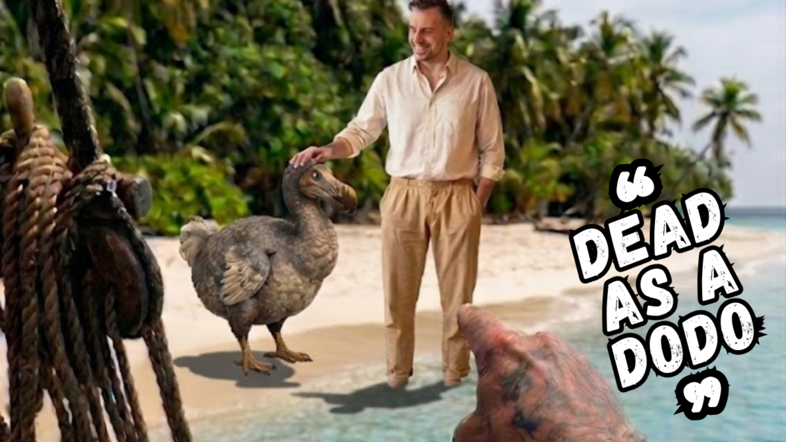 Sailor's first person view from a ship, tattooed arm pointing at a fearless dodo in Mauritius.