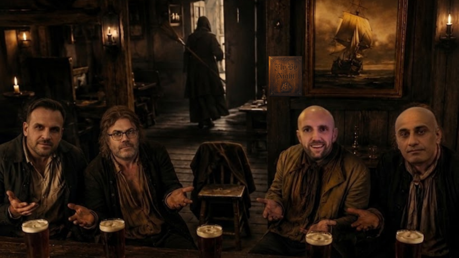 First person view as a tavern barman reaches for payment while four men shrug and a witch leaves