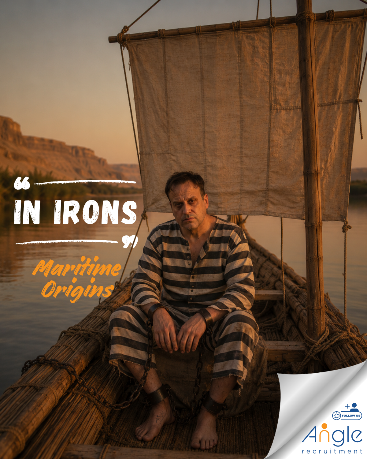 Cinematic photo of Jason Nangle sitting alone in a small ancient Egyptian reed sailing boat on the calm Nile at golden hour. He wears a black and white striped prisoner's outfit with heavy iron shackles around his wrists and ankles, connected by chains. The single linen sail hangs limp behind him with no wind. Desert cliffs and reeds line the horizon. Text overlay reads