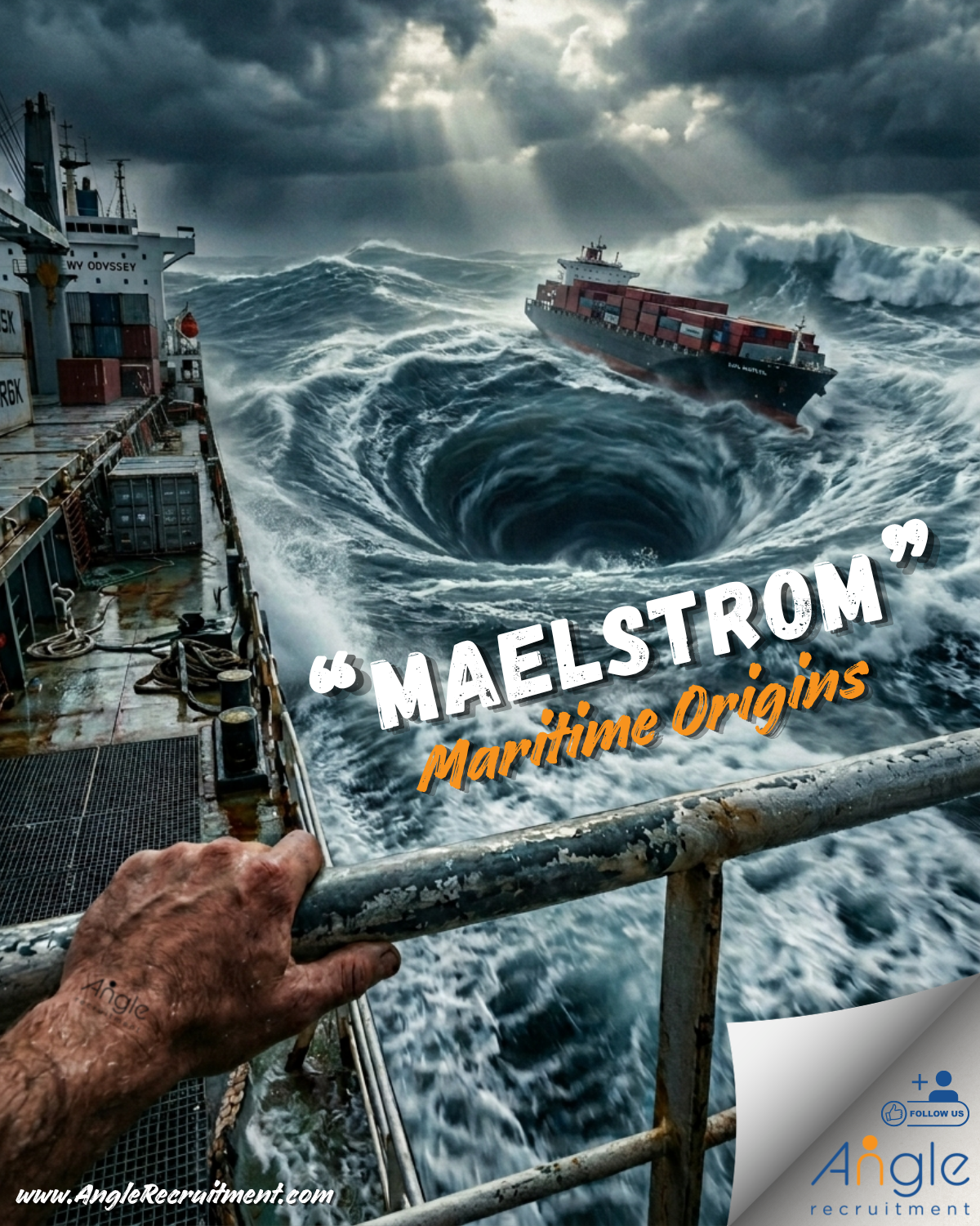 Summary:
A Maritime Origins post explaining the word โMaelstromโ and its connection to chaos and powerful ocean currents.
Image itself:
A cinematic first-person view from the deck of a cargo vessel, with a rugged hand gripping a metal railing. Ahead, a massive swirling ocean vortex forms, pulling the sea inward like a whirlpool. A container ship in the distance is being dragged toward the centre under dark storm clouds with dramatic light breaking through. Bold text reads โMaalstroomโ with โMaritime Originsโ beneath it. Angle Recruitment branding, website, and the credit โContent by Jason Nangle, Angle Recruitmentโ appear at the bottom of the image.