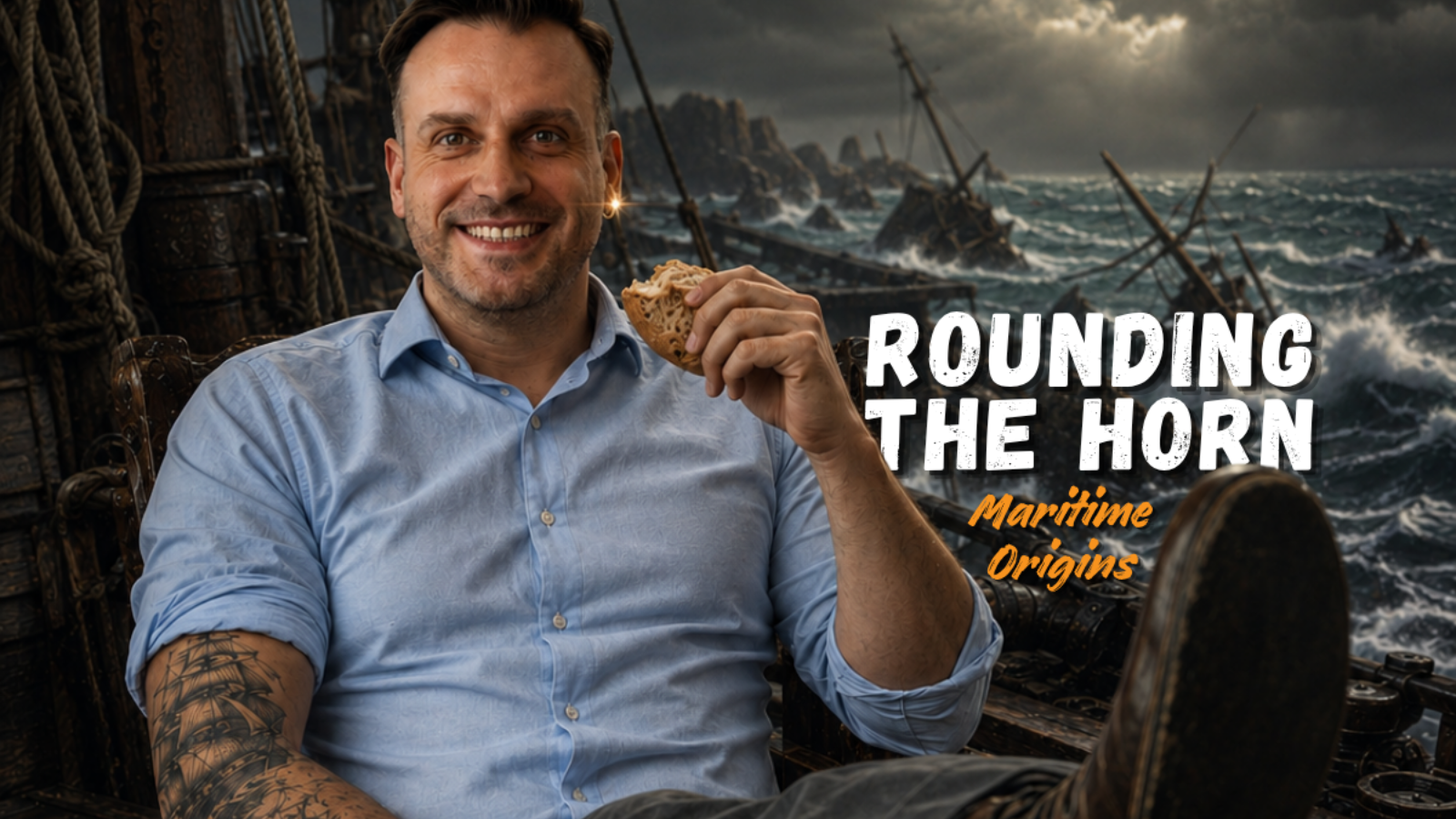 Jason Nangle relaxes on a wrecked ship's deck near Cape Horn, Rounding The Horn, Maritime Origins.