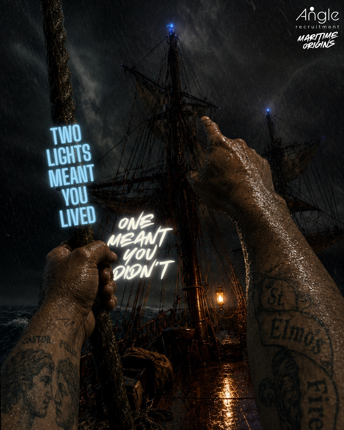 First person view looking up from the deck of a tall sailing ship in a night storm.