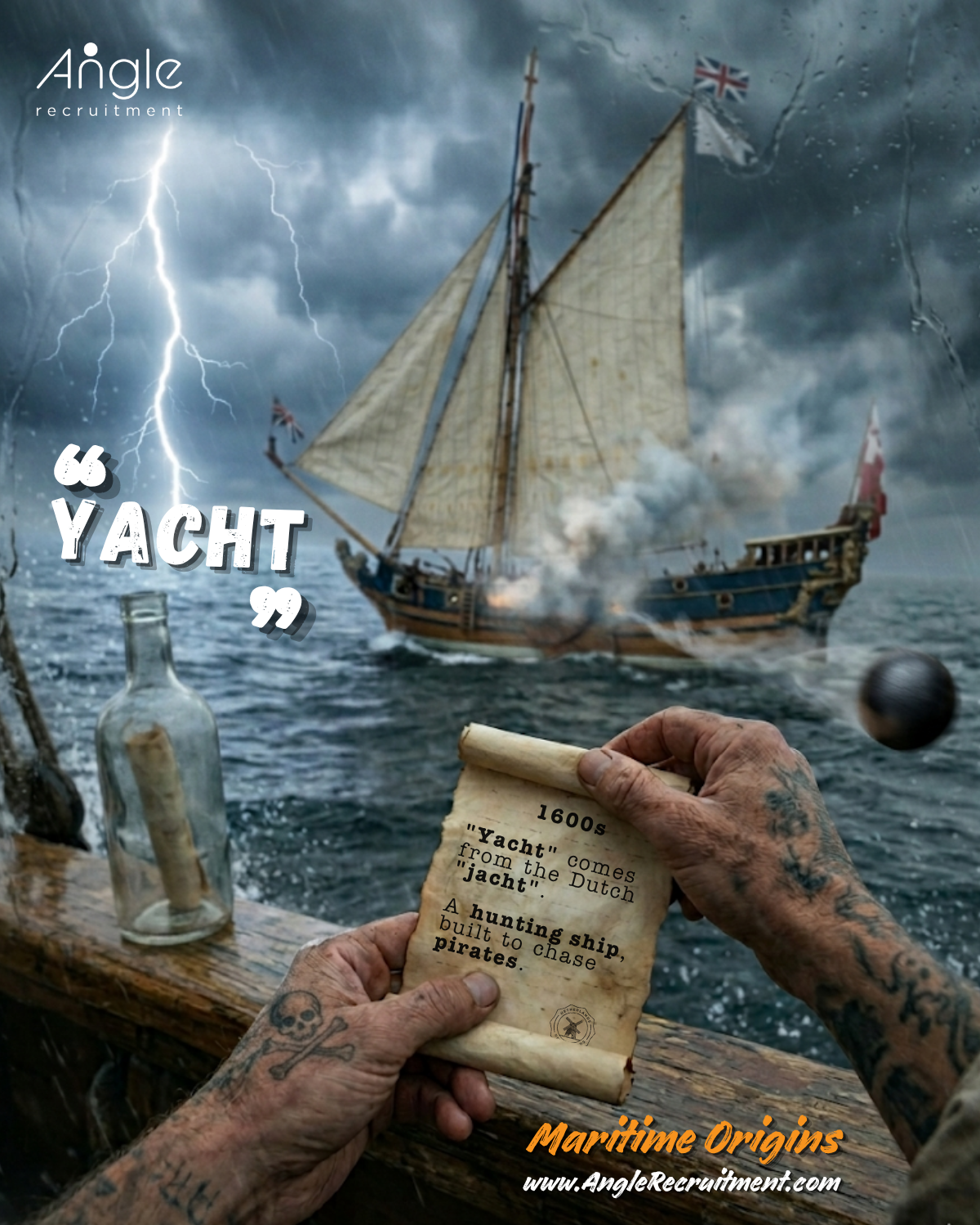 A stormy, cinematic first person view from a ship's deck, where the viewer's tattooed hands hold an aged parchment scroll telling the origin of the word yacht, one hand marked with a skull and crossbones. A corked message bottle stands on the wet wooden rail. Out on the rough grey sea a 17th century sailing yacht gives chase under full sail, cannon smoke rising, with a cannonball flying toward the camera and a fork of lightning splitting the dark clouds on the left. Rain streaks the lens. The word YACHT sits top left, with the Angle Recruitment logo and Maritime Origins branding.