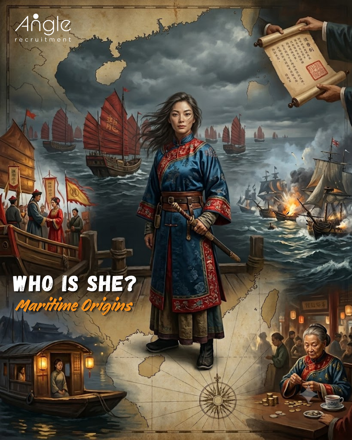 A richly illustrated montage over a map of the South China Sea, centred on a woman in an ornate blue and red Chinese robe holding a sheathed sword, the commander of a pirate fleet. Around her: red-sailed war junks, a sea battle against a Western ship, a handed-over imperial scroll, a wedding, and an older woman counting coins in a gambling house. Bold text reads 