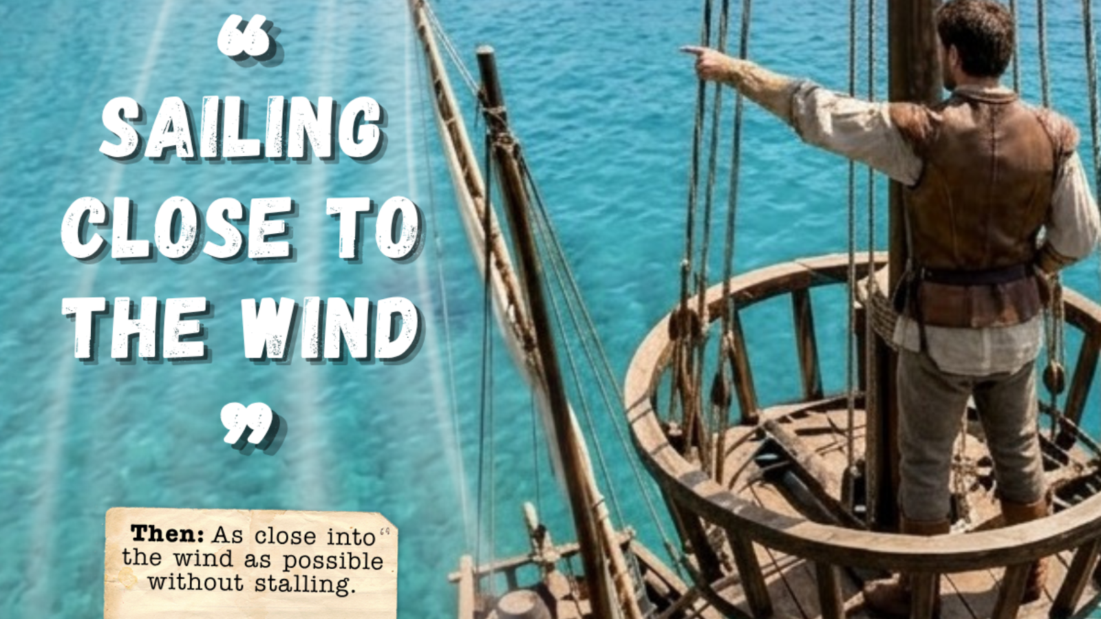 Tall ship lookout points to a fortified coastline. 