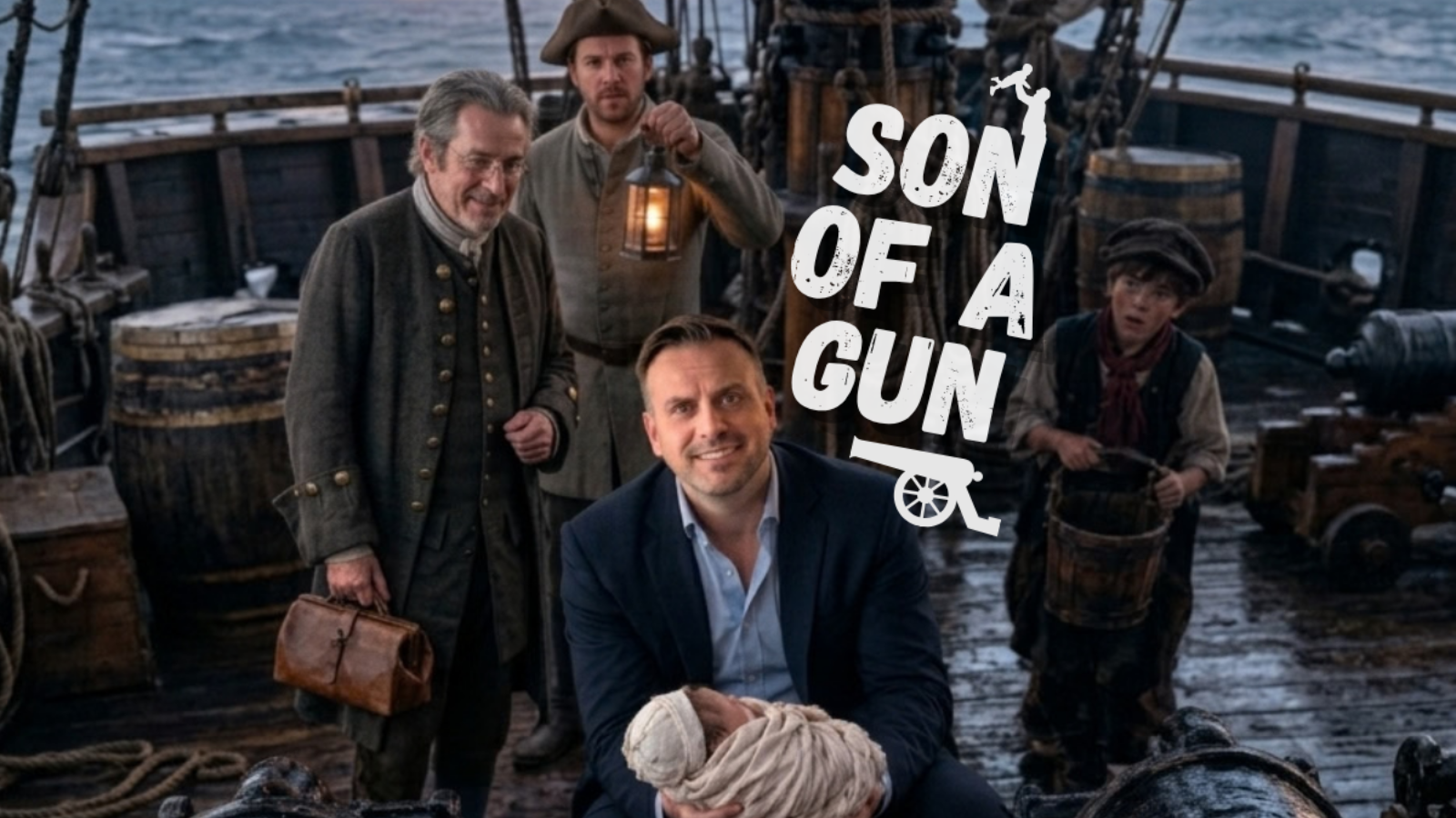 Son of a Gun: Jason Nangle holding a newborn between two cannons on a Royal Navy gun deck