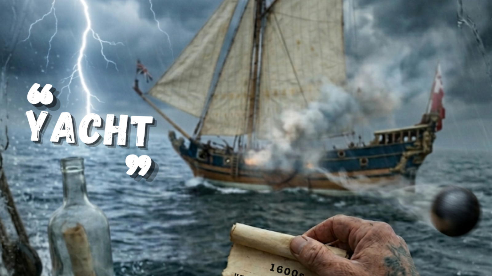 A pirate's tattooed hands hold an old scroll on a stormy deck as a cannon firing yacht chases.