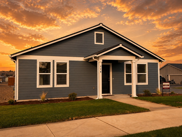 Blue-gray single-story house with white trim, front porch, and a small lawn beside a sidewalk.