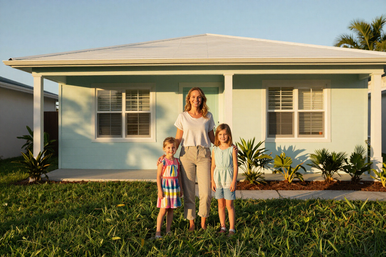Maria S. in front of her restored home