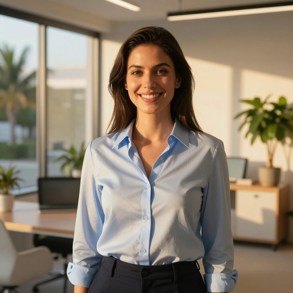 Smiling person in a light blue shirt standing in a bright office