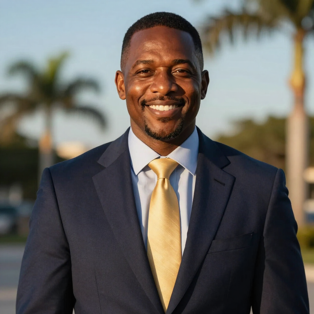 Smiling man in a navy suit and gold tie standing outdoors with palm trees in the background