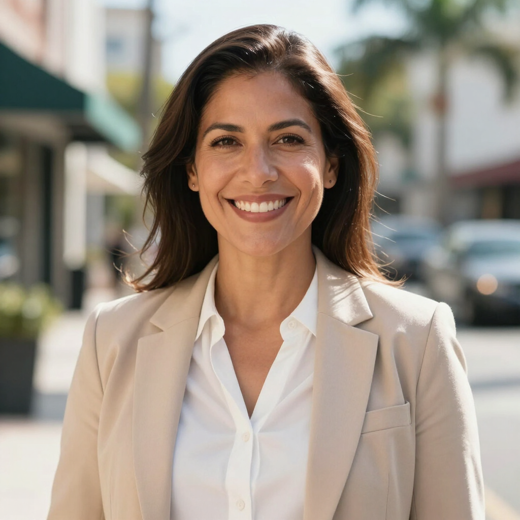 Smiling person in a beige blazer and white shirt standing outdoors on a city street