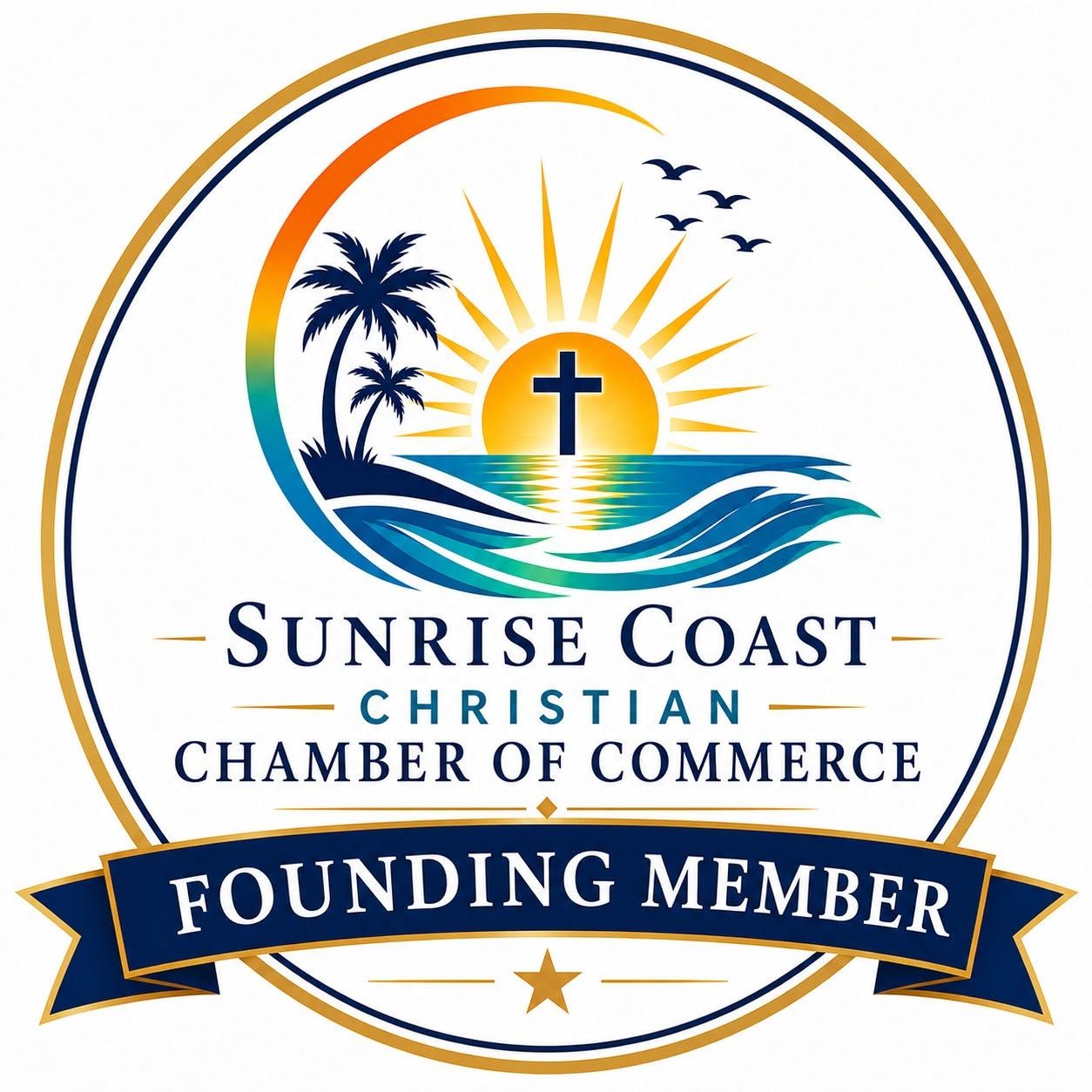 Sunrise Coast Christian Chamber of Commerce founding member logo with sun, cross, palm trees, and banner