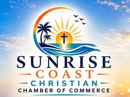 Sunrise Coast Christian Chamber of Commerce logo with sun, cross, palms, and birds over blue sky