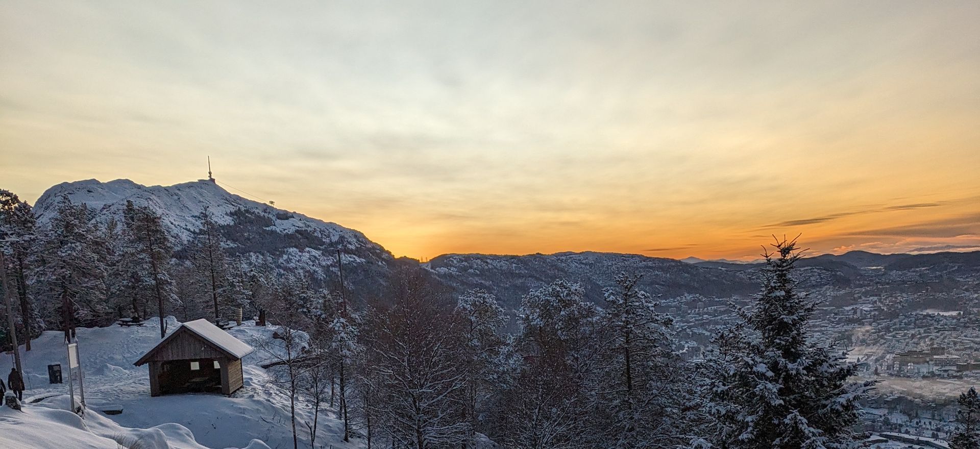 Winter sunset over Bergen from Mount Floyen, snow-covered trees and Mount Ulriken behind