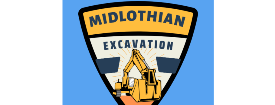 Logo for Midlothian Excavation, a yellow excavator on a blue background, within a shield shape.