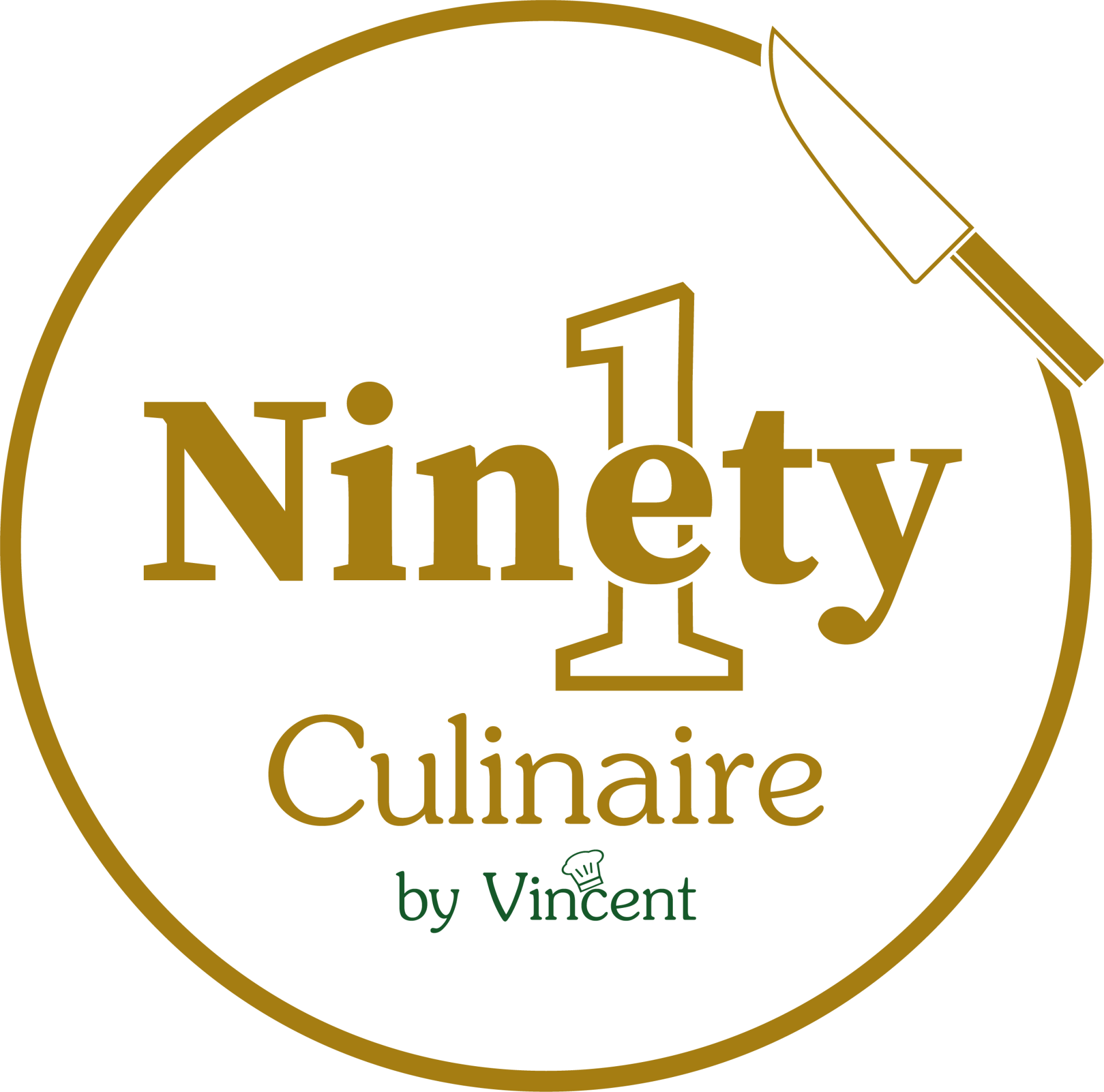 Het logo van Ninety Culinaire by Vincent in goud met een koksmes in een cirkelvormige rand.