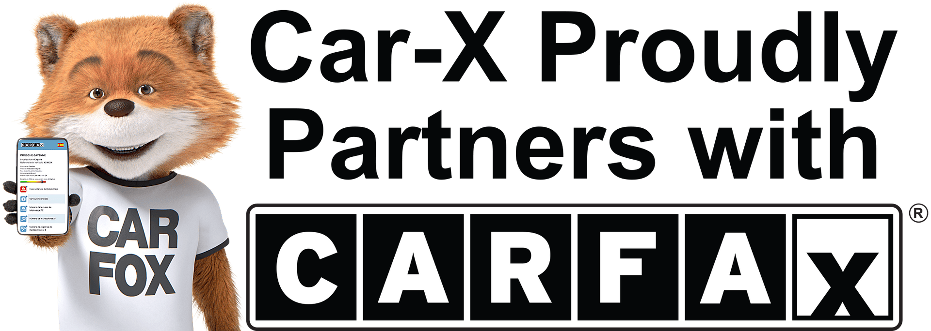 Car-X fox holding phone, smiling, with 