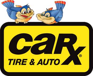 CarX Tire & Auto logo with two cartoon bluebirds. Yellow background with black text.