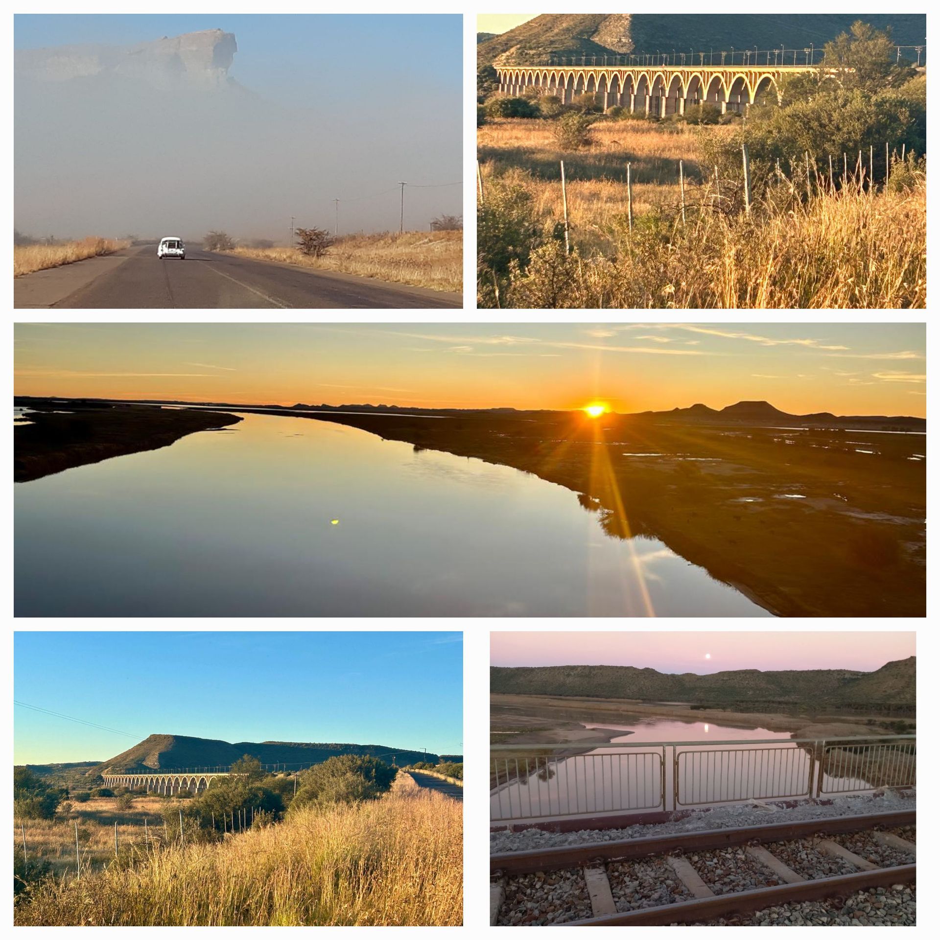 Collage of rural scenes: road with car, stone bridge, river at sunset, bridge and mountain, and tracks with water.