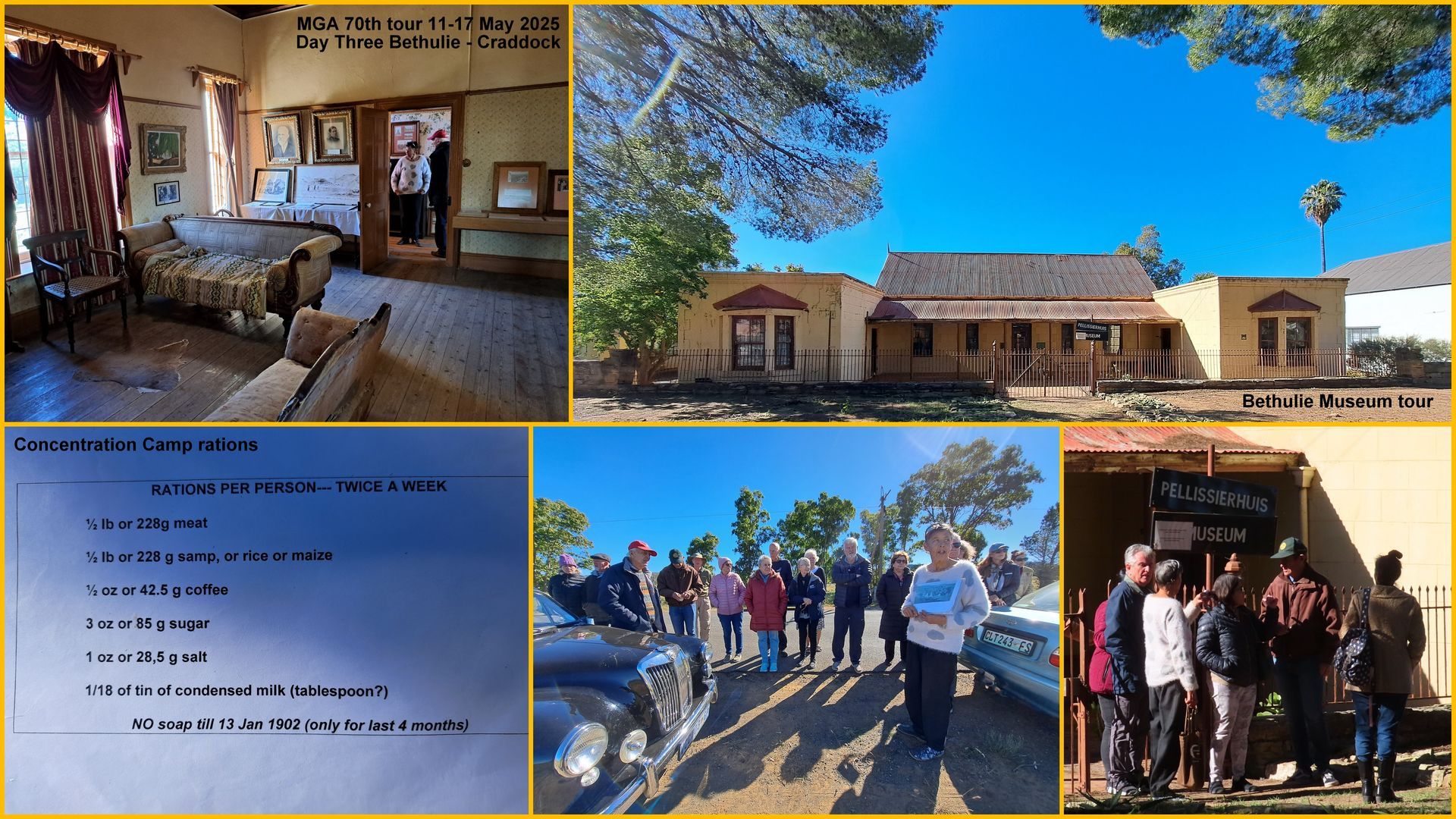Collage: old building interiors, exterior view, people near cars, group reading, sign.